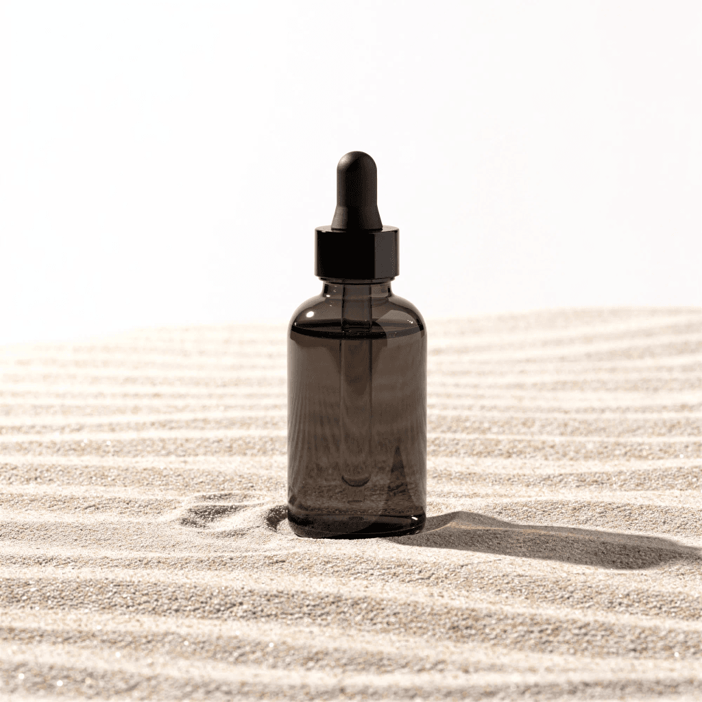 Concept rendering of an unbranded dark glass dropper bottle on rippled sand.