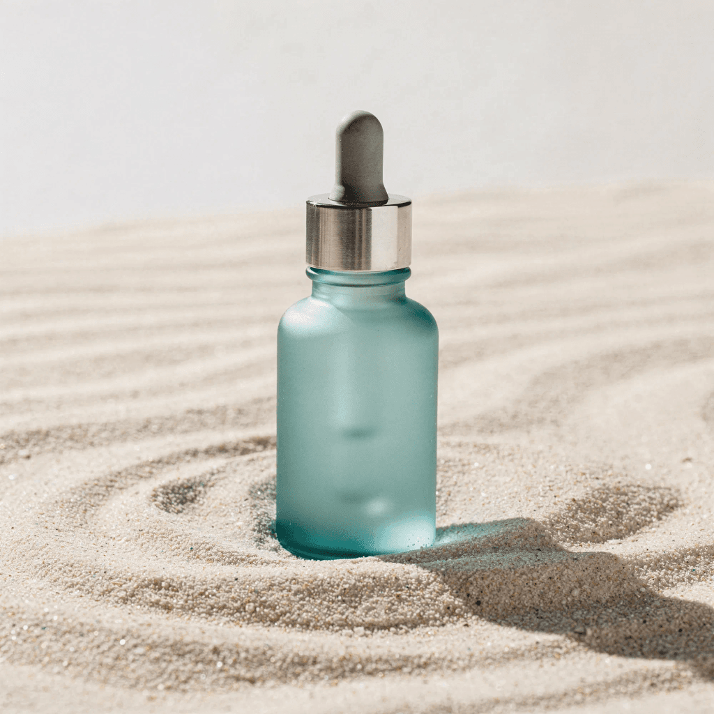 Concept rendering of an unbranded sea-glass dropper bottle in pale sand.
