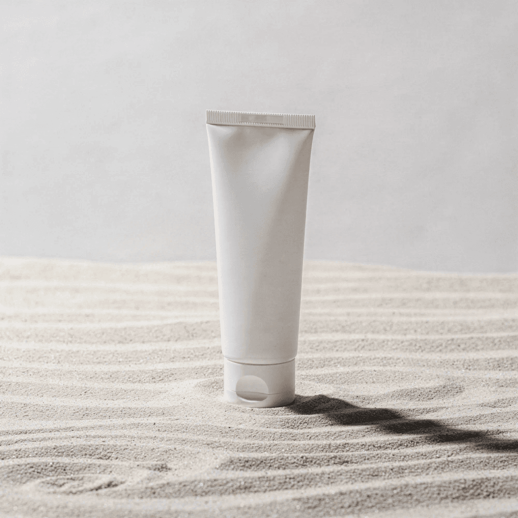 Concept rendering of an unbranded white tube standing in pale sand.